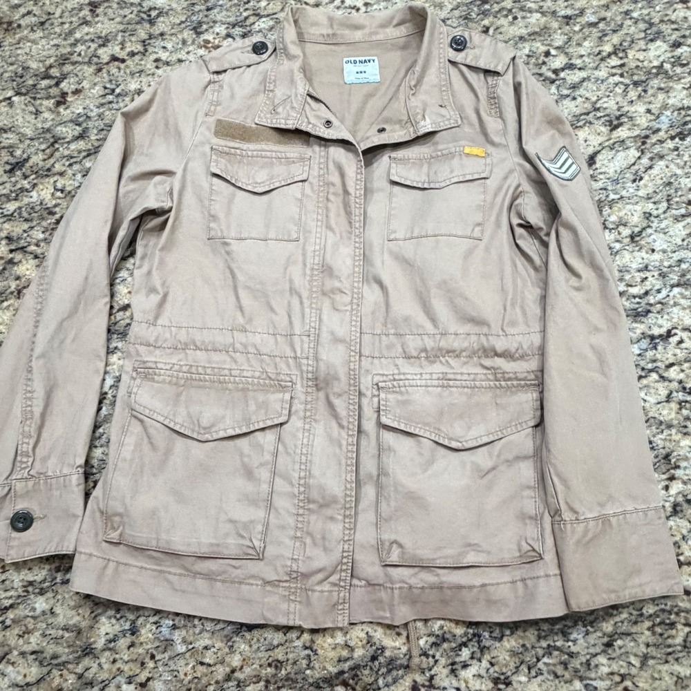 Vintage Old Navy Womens Tan Military Utility Jacket Chevron‎ Patch Field Coat M